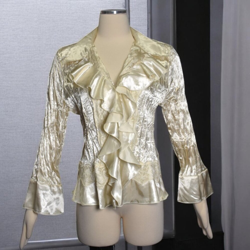 Vintage Y2K Robbie Bee Satin Blouse Ruffle Lace Bell Sleeve Romantic Top 14